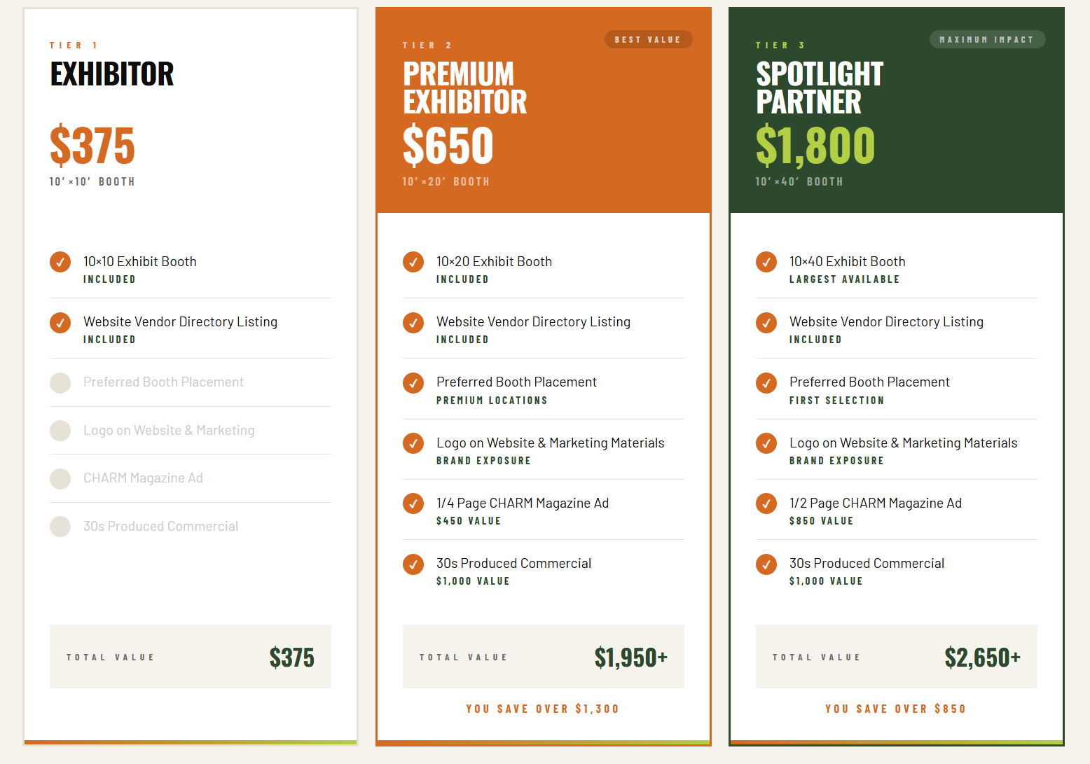 Vendor Pricing Packages - Exhibitor, Premium Exhibitor, Spotlight Partner